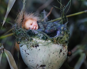 Easter egg, sleeping boy, fairy, Osterei, handmade decoration, sculpture, miniature, figurine art doll decor free shipping