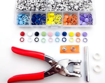 Kit de 200 botones a presión metálicos con alicates para cierres, perfecto para manualidades, ropa y sombreros.