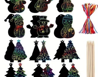 Christmas Scratch Paper Kit - Xmas Tree & Snowman DIY Ornaments 48pcs