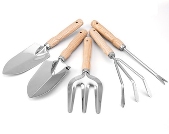 5Pcs Stainless Steel Gardening Tool Wooden Handle Fork Shovel Rake Set