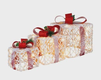 Christmas Gift Boxes • 60 LED Lights with Timer • White & Red Festive Decor - 3 Piece