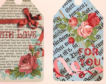 Pretty Printable Rose Gift Tags with old text, flowers and ribbons ready for your custom embellishments