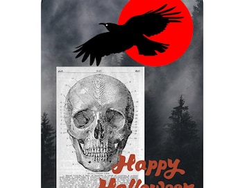 May include: A black and white illustration of a human skull with numbered bones, set against a dark, foggy forest scene with a red moon and a black crow flying in front of it. The text "Happy Halloween" is written in orange cursive at the bottom of the image.