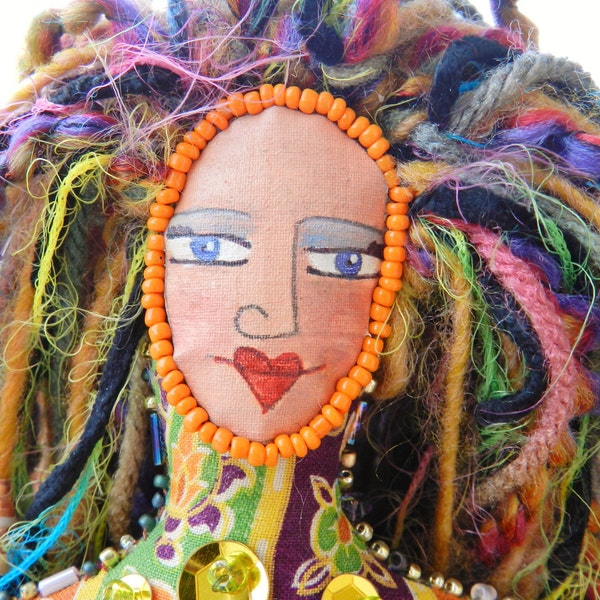 Neon Orange Art Doll - Beaded Cloth with Charms
