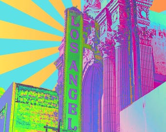 May include: A colorful, stylized image of a Los Angeles building with a neon sign that reads "LOS ANGELES". The image has a retro, pop art style with vibrant colors and a sunburst background.
