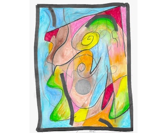 May include: Abstract art painting with a black frame. The painting features a variety of colors, including blue, green, yellow, orange, pink, red, and brown. The colors are blended together in a swirling pattern, creating a sense of movement and energy.