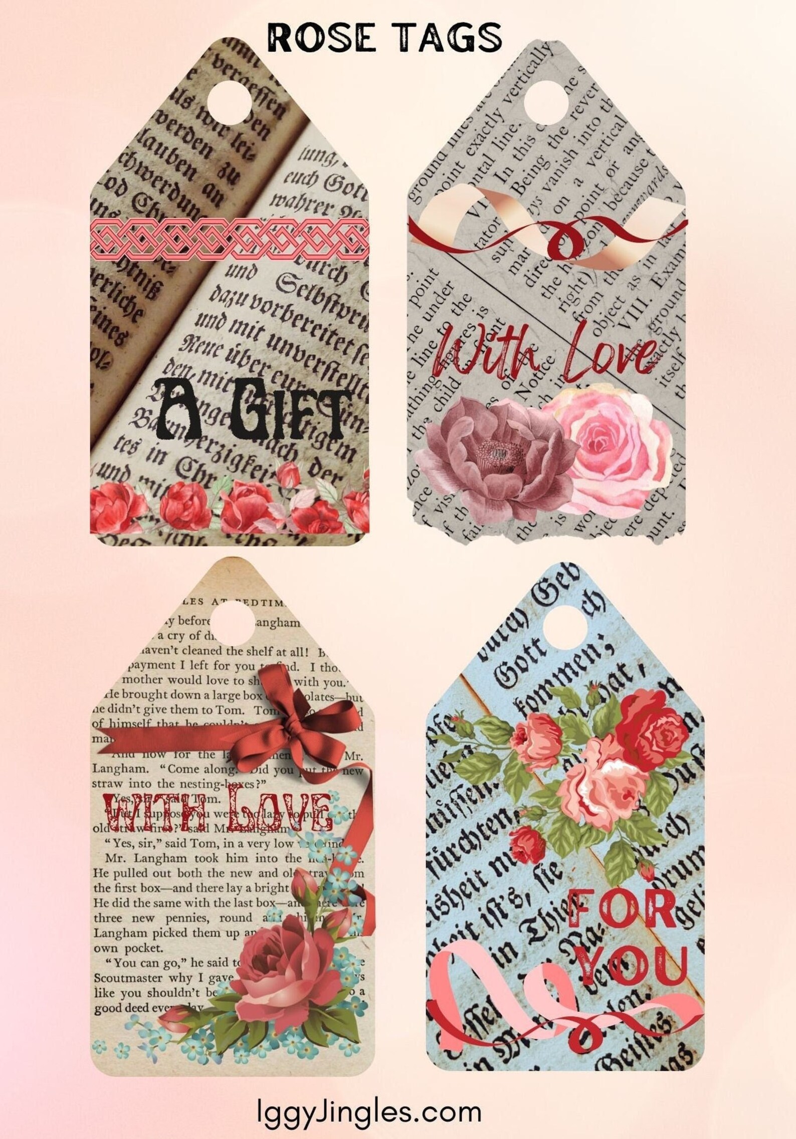 Pretty Printable Rose Gift Tags With Old Text, Flowers and Ribbons