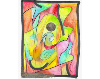 May include: Abstract watercolor painting with a black circle in the center and a variety of colors including red, orange, yellow, green, blue, and pink.