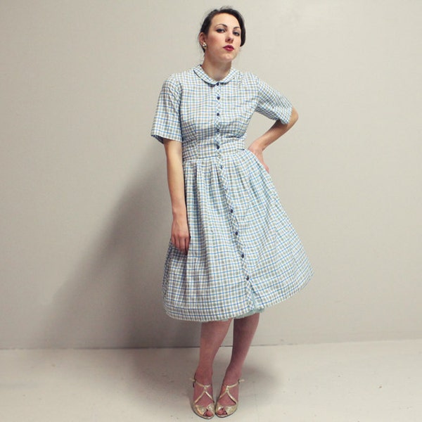 50s 60s Cotton House Dress - Blue Plaid - MED LRG