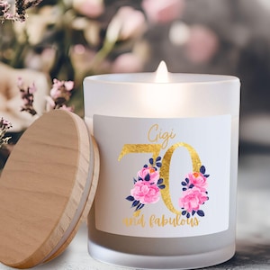 Custom 70th Birthday Candle with Wooden Wick, Womens 70 and Fabulous Personalized Birthday Gift for Mom, 70th Birthday Gift for Grandma
