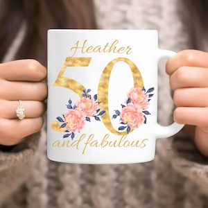 Personalized 50th Birthday Mug Gift for Friend, Custom Name 50 Birthday Mug Gift for Mom, Womens Birthday Idea Gift for Her, Sister, Aunt