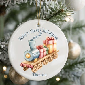 Custom Baby First Christmas Ornament, Cute Train Personalized Keepsake Holiday Gift for New Parents Grandparents Xmas Baby Announcement