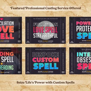 May include: Six colorful digital squares with text promoting love spells and protection spells. The text includes phrases like "Reconciliation Love Spell", "Fullmoon Love Spell", "Powerful Protection Spell", "Binding Love Spell", "Bespoke Custom Spell", and "Intense Obsession Spell".
