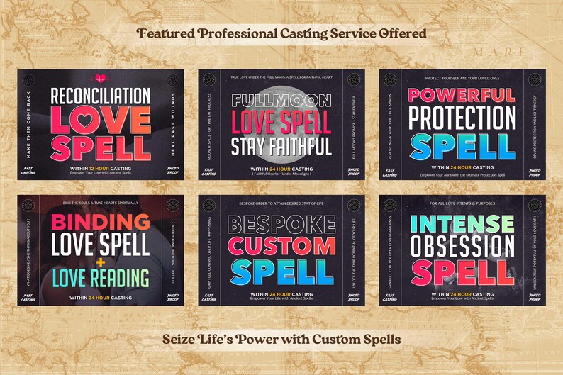 May include: Six colorful digital squares with text promoting love spells and protection spells. The text includes phrases like "Reconciliation Love Spell", "Fullmoon Love Spell", "Powerful Protection Spell", "Binding Love Spell", "Bespoke Custom Spell", and "Intense Obsession Spell".