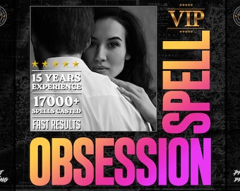 May include: A pink and yellow graphic with the text "SPELL OBSESSION" in large, bold letters. The graphic also includes the text "VIP" in white letters with a black star on each side. The graphic is set against a black and white background with a map-like pattern.