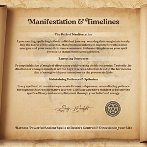 May include: A vintage-style parchment scroll with text about manifestation and timelines. The text includes the headings "The Path of Manifestation", "Expecting Outcomes", and "Maintaining Patience & Optimism". The scroll is on a background of a map.