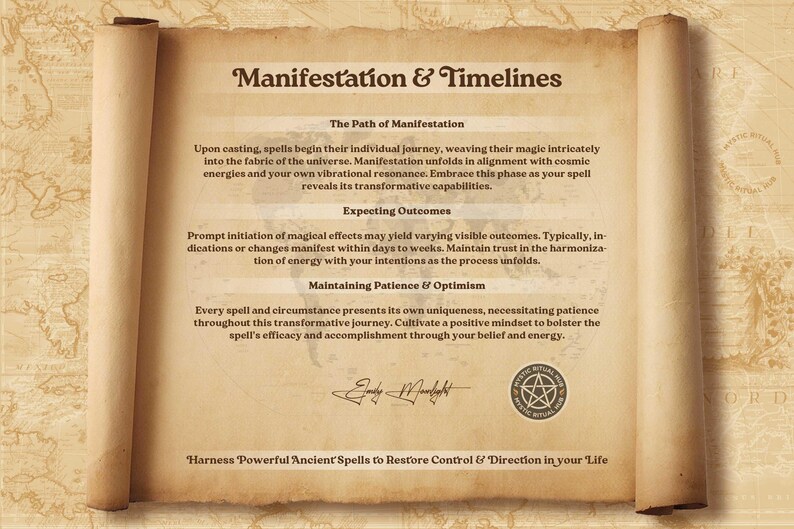 May include: A vintage-style parchment scroll with text about manifestation and timelines. The text includes the headings "The Path of Manifestation", "Expecting Outcomes", and "Maintaining Patience & Optimism". The scroll is on a background of a map.