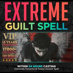 Può includere: Una grafica rossa, verde e blu con il testo "EXTREME GUILT SPELL" e "VIP" in una casella nera. La grafica include anche il testo "ETHICAL PRACTICES: UTILIZING ONLY WHITE LIGHT ENERGY", "FAST CASTING", "WITHIN 24 HOURS CASTING", "Extremely Powerful & Potent Ancient Spell", "RAPID RESULTS - ETHICAL PRACTICES - HOLISTIC APPROACH", "PHOTO PROOF", "15 YEARS EXPERIENCE", "17000+ SPELLS CASTED", "FAST RESULTS", e cinque stelle.