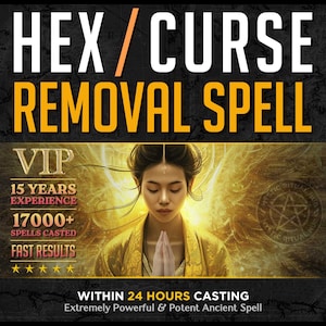 Può includere: Un'illustrazione digitale di una donna con le mani giunte in preghiera. Lo sfondo è un vortice di oro e bianco. Il testo recita "HEX/CURSE REMOVAL SPELL", "VIP", "15 YEARS EXPERIENCE", "17000+ SPELLS CASTED", "FAST RESULTS", "WITHIN 24 HOURS CASTING", "Extremely Powerful & Potent Ancient Spell", "RAPID RESULTS - ETHICAL PRACTICES - HOLISTIC APPROACH", "PHOTO PROOF", e "FAST CASTING".