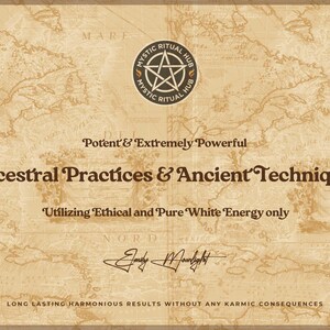 May include: A vintage-style parchment background with a map design. The text reads "Potent & Extremely Powerful Ancestral Practices & Ancient Techniques Utilizing Ethical and Pure White Energy only Long Lasting Harmonious Results Without Any Karmic Consequences". A logo for Mystic Ritual Hub is in the top center of the image.