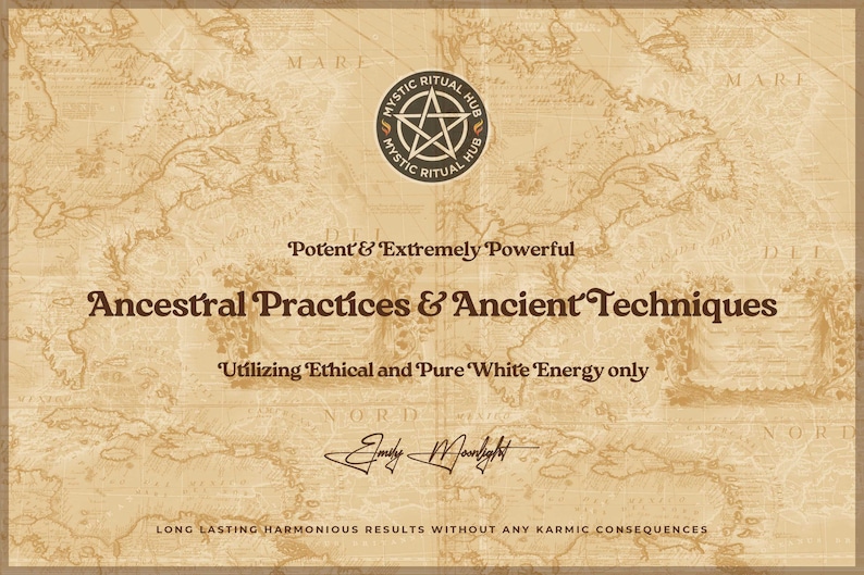 Pu&ograve; includere: Una mappa in stile vintage con sfondo marrone e una stella a cinque punte in un cerchio con il testo "Mystic Ritual Hub" intorno. Il testo "Potent & Extremely Powerful Ancestral Practices & Ancient Techniques Utilizing Ethical and Pure White Energy only" &egrave; scritto in marrone. Il testo "Long Lasting Harmonious Results Without Any Karmic Consequences" &egrave; scritto in marrone nella parte inferiore dell'immagine.