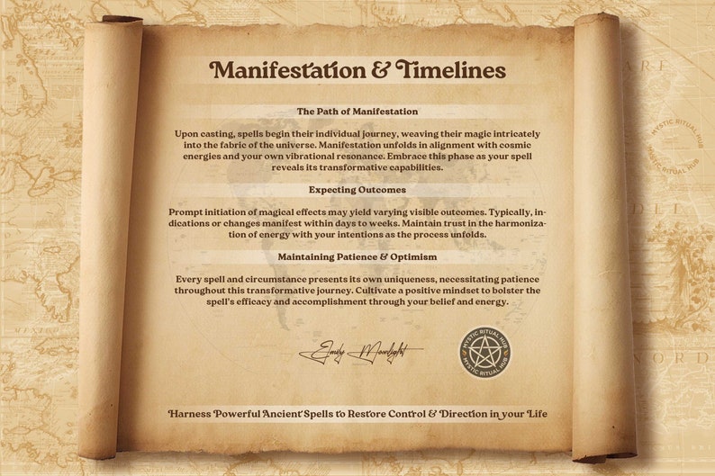 Pu&ograve; includere: Un rotolo di pergamena in stile vintage con testo sulla manifestazione e le tempistiche. Il testo include i titoli "Il percorso della manifestazione", "Risultati attesi" e "Mantenere la pazienza e l'ottimismo". Il rotolo ha uno sfondo marrone con un motivo a mappa e un simbolo di stella pentagonale in basso.