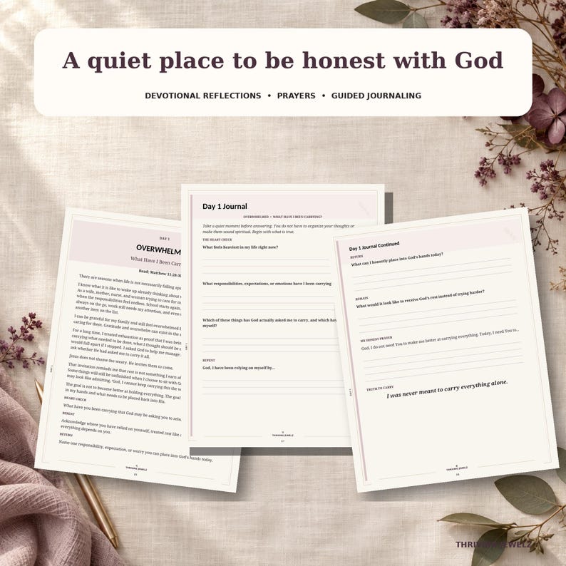 May include: A devotional journal with three open pages featuring the title A quiet place to be honest with God, Devotional Reflections, Prayers, Guided Journaling, and Day 1 Journal content with prompts for reflection and written responses.