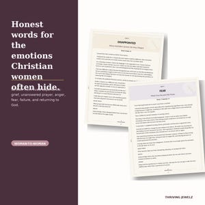 May include: Two printed pages from a devotional book featuring the titles Disappointed and Fear. The text includes scripture references, personal reflections, and sections labeled Heart Check and Reflect. The background is dark purple with white text.