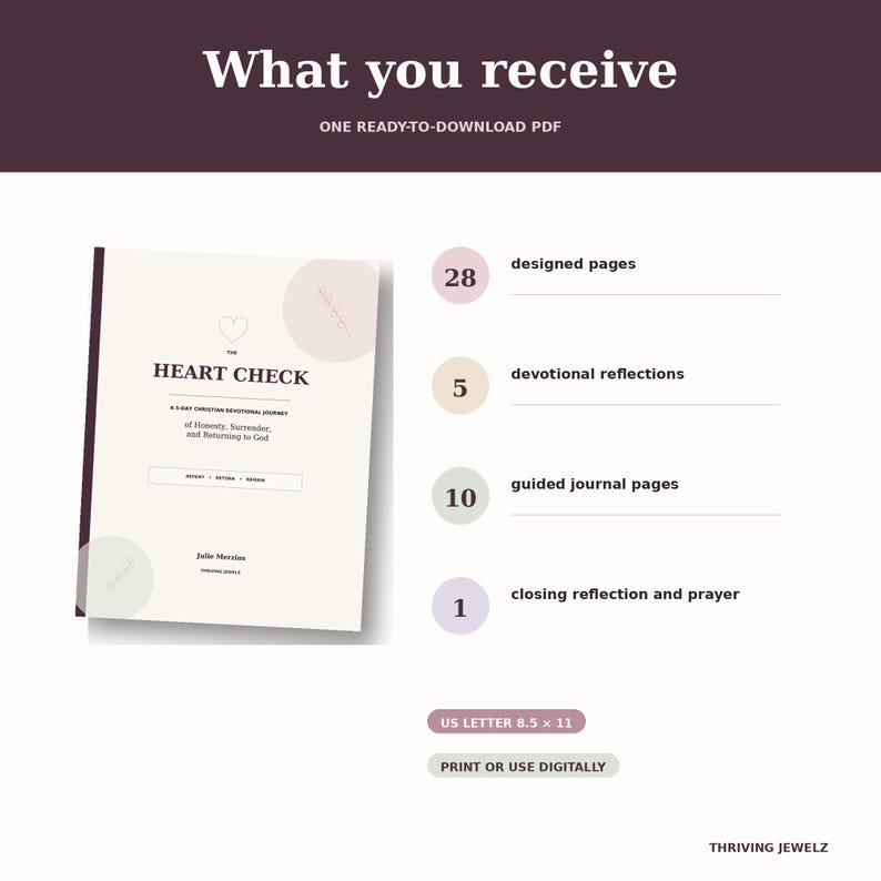 May include: A digital PDF document titled The Heart Check, a 5-day Christian devotional journey. The graphic lists 28 designed pages, 5 devotional reflections, 10 guided journal pages, and 1 closing reflection and prayer. Size is US Letter 8.5 x 11 inches.