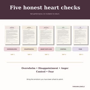 May include: A digital graphic titled Five honest heart checks featuring five daily devotional pages labeled Overwhelmed, Disappointed, Angry with God, Control, and Fear. Each section includes text, color-coded buttons, and the text Thriving Jewelz.