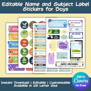Etiquetas y pegatinas escolares personalizadas / Etiquetas de nombres / Etiquetas de materias / Regreso a clases / Etiquetas de nombres imprimibles y editables / Para niños /