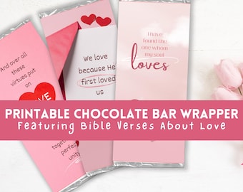 Printable Chocolate Bar Wrapper with Bible Verses about Love | Heart&#39;s Candy bar | Hershey&#39;s | School Labels | Christian Party Favors