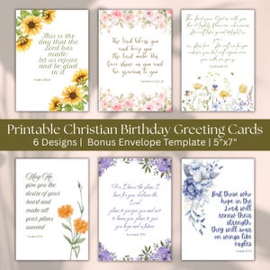 Könnte beinhalten: Set mit sechs druckbaren christlichen Geburtstagskarten, jede mit einem anderen Blumendesign und Bibelvers. Die Karten sind 12,7 cm x 17,8 cm groß und enthalten eine Bonus-Umschlagvorlage. Designs umfassen Sonnenblumen, Rosen und andere Blumenarrangements mit inspirierenden Zitaten.