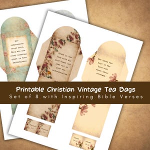 以下が含まれることがあります： 聖書の言葉が書かれた、ヴィンテージ風のティーバッグ用封筒の印刷用テンプレートです。封筒は花柄で、古びた風合いになっています。聖書の言葉には、「彼の慈しみは永遠に尽きることがありません。それは毎朝新しく、あなたの忠実さは偉大です。」「あなたの心からすべてを主にお任せし、自分の理解に頼らないでください。」「しかし、主を待ち望む者は、力を新たにされます。」が含まれています。