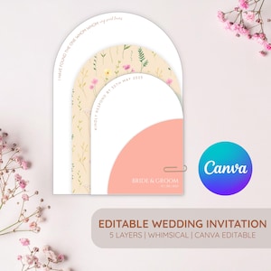 May include: An arch-shaped wedding invitation with floral patterns and text. The invitation includes the phrases "I have found the one whom my soul loves" and "Kindly respond by 30th May 2025". The design features a peach-colored semi-circle and the Canva logo.