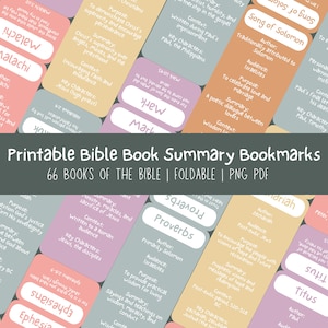 Può includere: Segnalibri stampabili per ogni libro della Bibbia. Ogni segnalibro è di un colore diverso e presenta il nome del libro, l'autore, il pubblico, lo scopo, il riassunto, il contesto e i personaggi chiave. I segnalibri sono progettati per essere piegati.