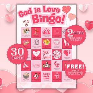 May include: A pink and white "God is Love Bingo" game with 30 cards, featuring religious themes and illustrations. Includes text like "Love Never Fails" and "Faith Hope Love." The game offers two sizes and includes free bingo markers and a calling card.