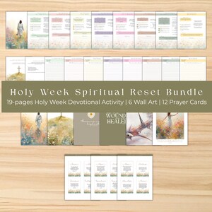 May include: A collection of spiritual resources, including a devotional activity, wall art, and prayer cards. The set features watercolor illustrations and the text "Holy Week Spiritual Reset Bundle". The items are arranged on a light wood-grain surface.