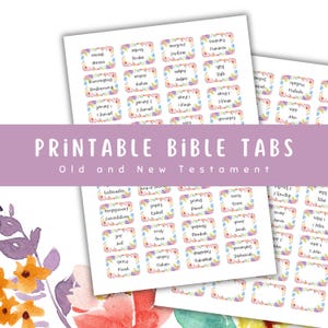 Könnte beinhalten: Druckbare Bibel-Registerkarten mit Blumendesigns. Die Registerkarten enthalten Buchnamen aus dem Alten und Neuen Testament, wie Genesis, Exodus, Matthäus und Johannes.