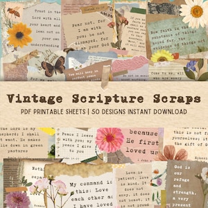 Könnte beinhalten: Vintage druckbare Schrift-Schnipsel mit floralen und botanischen Designs. Die Schnipsel zeigen Bibelverse und Zitate. Der Text beinhaltet "Vertraue auf den Herrn von ganzem Herzen", "Fürchte dich nicht, denn ich bin bei dir", "Frieden hinterlasse ich euch", "Liebe ist geduldig, Liebe ist gütig", "Gott ist unsere Zuflucht und Stärke".
