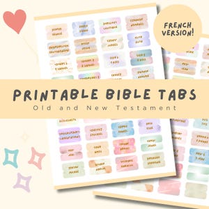 Peut inclure: Onglets de Bible imprimables en français. Les onglets sont colorés et présentent un design aquarelle. Les onglets sont étiquetés avec les noms des livres de la Bible en français.