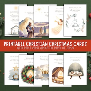 Puede incluir: Una colección de tarjetas navideñas cristianas imprimibles con ilustraciones en acuarela de la Natividad, ángeles y estrellas. Cada tarjeta incluye un versículo bíblico sobre el nacimiento de Jesús. Las tarjetas están dispuestas sobre un fondo verde.