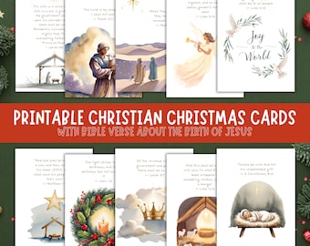 Könnte beinhalten: Eine Sammlung druckbarer christlicher Weihnachtskarten mit Aquarellillustrationen der Weihnachtsgeschichte, Engel und Sterne. Jede Karte enthält einen Bibelvers über die Geburt Jesu. Die Karten sind auf grünem Hintergrund angeordnet.