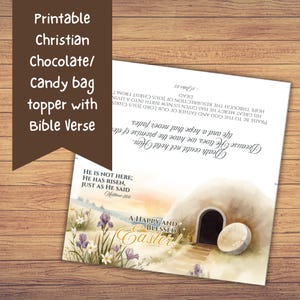 May include: Printable Christian candy bag topper with Bible verse. The design features an illustration of an open tomb with the text "A Happy and Blessed Easter!" and a Bible verse. The topper is designed for Easter.