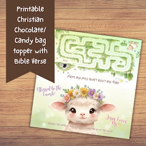Printable Christian Easter Treat Bag Toppers Featuring Bible Verse Lamb of God and Mini Maze Game for Kids
