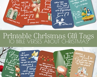 May include: Printable Christmas gift tags featuring ten Bible verses about Christmas. Each tag has a unique design with festive illustrations and calligraphy. Verses include Isaiah 9:6, Luke 2:14, and Matthew 2:10. The tags are in various colors, including red, green, and blue.