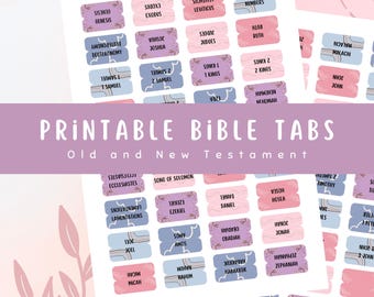 May include: Printable Bible tabs with pink and blue designs. The tabs feature the names of the books of the Old and New Testaments in English.