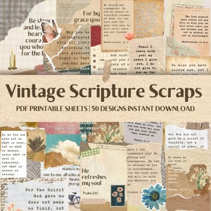 Könnte beinhalten: Eine digitale Collage aus Papierschnipseln im Vintage-Stil mit inspirierenden Bibelversen und Zitaten. Die Collage zeigt eine Vielzahl von Schriftarten, Farben und Texturen, darunter Blumenmuster, ein Fahrrad und eine Kerze. Der Text enthält Verse aus den Büchern Deuteronomium, Psalmen, Matthäus und Josua.