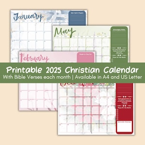 Calendario cristiano de acuarela para imprimir en formato floral para 2025, horizontal, tamaño carta y A4, en formato JPG, inicio en domingo, versículo bíblico, digital, decoración de pared