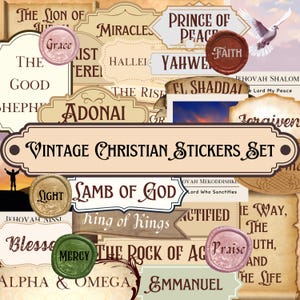 May include: Vintage Christian stickers set with various religious phrases and images, including a dove, a lamb, and a cross. The stickers are in a variety of colors and styles, with a vintage aesthetic.